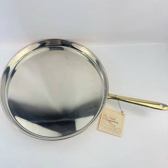 11" Hand Crafted Korea Solid Copper Skillet Nickel Lined Brass Handle Fry Pan - Picture 2 of 10